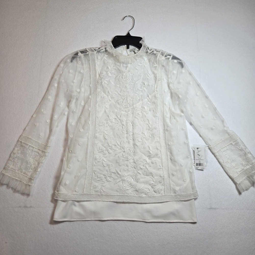 Joie Embroidered Mesh Blouse Womens XS White New Floral Lace Ruffle Top